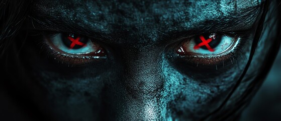 Aufkleber - Highcontrast portrait of a person with crossedout eyes, showcasing dramatic lighting, graphic design elements, and a strong visual presence