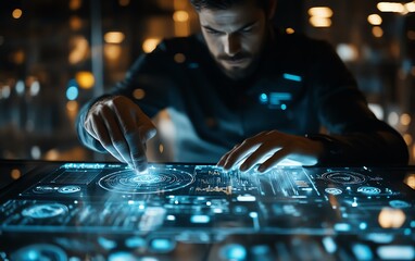 Poster - Closeup of an expert using AI for document analysis in a modern digital workspace, showcasing advanced software, data visualizations, and hightech interfaces