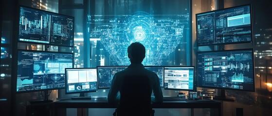 Aufkleber - Hightech digital workspace with an expert utilizing artificial intelligence for advanced document analysis, featuring multiple screens with data management tools and AI algorithms