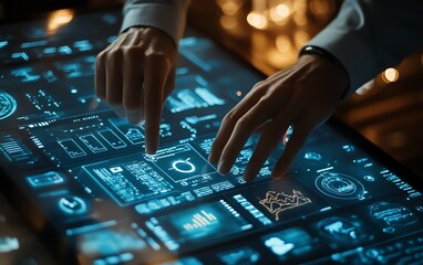 Poster - Closeup of an expert using AI for document analysis in a modern digital workspace, showcasing advanced software, data visualizations, and hightech interfaces