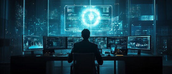 Aufkleber - Hightech digital workspace with an expert utilizing artificial intelligence for advanced document analysis, featuring multiple screens with data management tools and AI algorithms