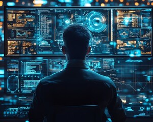 Aufkleber - Hightech digital workspace with an expert utilizing artificial intelligence for advanced document analysis, featuring multiple screens with data management tools and AI algorithms