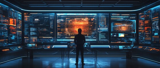 Aufkleber - Hightech digital workspace with an expert utilizing artificial intelligence for advanced document analysis, featuring multiple screens with data management tools and AI algorithms