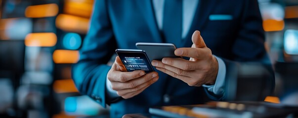 Poster - Closeup of a businessman engaging in mobile banking with a smartphone, featuring a digital wallet interface and online financial services in a hightech setting