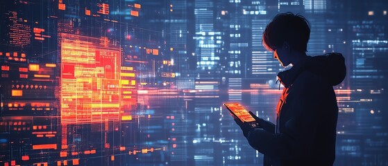 Aufkleber - Futuristic business environment with a professional using a smartphone for ewallet transactions, featuring cuttingedge financial technology and digital economy elements