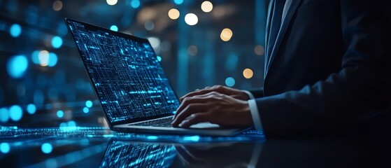 Poster - Hightech office scene with a suited businessman presenting digital supply chain management concepts on a laptop, showcasing realtime tracking and data integration