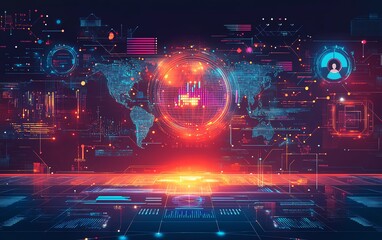 Poster - Illustration of global marketing automation tools, highlighting business development, CRM systems, and automated technology processes in a futuristic setting