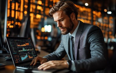 Poster - Professional businessman in a suit engaged with digital supply chain management on a laptop, demonstrating advanced software features and analytics in a sleek office environment