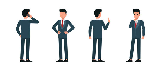 Wall Mural - Business man wear blue suit and working in office character vector illustration design set. Presentation in various action.