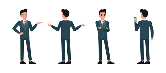 Wall Mural - Business man wear blue suit and working in office character vector illustration design set. Presentation in various action.