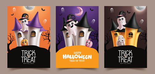 Halloween trick or treat vector poster set design. Trick or treat greeting card with haunted house, ghost and cute pumpkins characters for halloween invitation collection. Vector illustration horror 