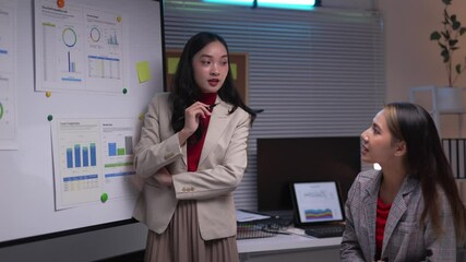 Poster - Young asian businesswoman presenting business data on a whiteboard to a colleague in a modern office at night, highlighting analysis with charts and graphs