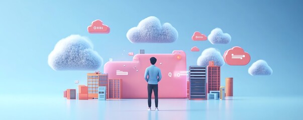 Poster - Male user Qadir in 3D illustration, modern flat design cloud computing, accessing cloud storage and uploading files, data center infrastructure and service