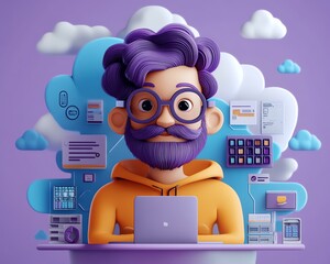 Fototapete - Male user Qadir in 3D illustration, modern flat design cloud computing, accessing cloud storage and uploading files, data center infrastructure and service