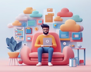 Fototapete - Male user Qadir in 3D illustration, modern flat design cloud computing, accessing cloud storage and uploading files, data center infrastructure and service