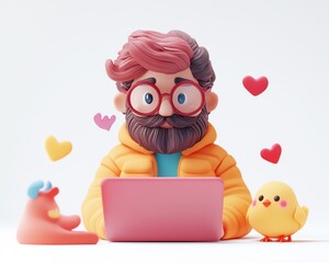 Poster - Male figure Qadir with laptop in 3D illustration, focusing on social media, 3D rendering on white background, contemporary and digital vibe