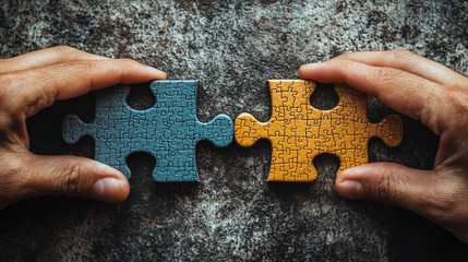 Two hands hold individual jigsaw puzzle pieces, symbolizing teamwork and collaboration in solving complex problems and finding solutions.