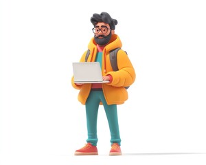 Poster - Male figure Qadir with laptop in 3D illustration, focusing on social media, 3D rendering on white background, contemporary and digital vibe