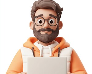 Poster - Male figure Qadir with laptop in 3D illustration, focusing on social media, 3D rendering on white background, contemporary and digital vibe