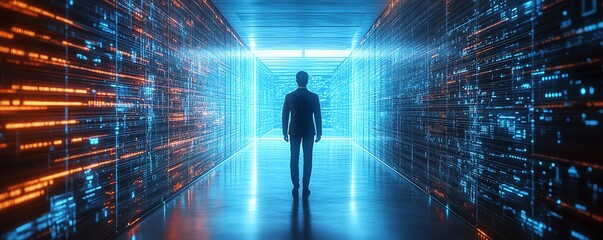 Poster - Male figure Qadir in 3D illustration, big data and cloud computing, using remote servers to analyze large data sets and identify errors, actionable data concept