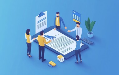 Flat isometric 3D illustration of characters shaking hands after finalizing a contract, businessmen completing a successful deal, contract agreement concept