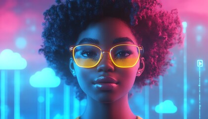 Fototapete - Cloud computing concept set with 3D illustration of African American woman Coco, using cloud service server for data management, processing, and promotional content