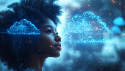 Poster - Cloud computing concept set with 3D illustration of African American woman Coco, using cloud service server for data management, processing, and promotional content
