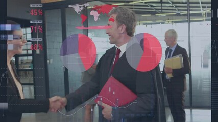 Poster - Animation of financial data processing over diverse business people shaking hands