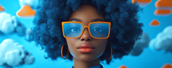 Leinwandbilder - African American woman Coco in 3D illustration, cloud computing concept set, managing cloud service server for data storage, processing, and promotional materials