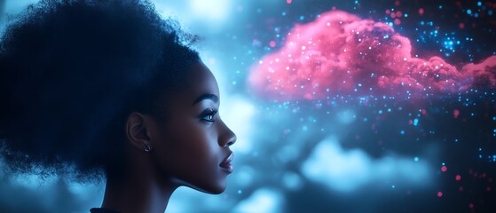 Poster - African American woman Coco in 3D illustration, cloud computing concept set, managing cloud service server for data storage, processing, and promotional materials