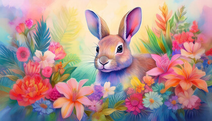 colorful rabbit with tropical concept wall decoration wall art