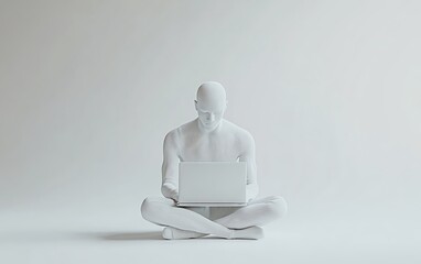 Poster - 3D rendering of Qadir, male figure, with laptop, social media concept, clean white background, modern tech environment