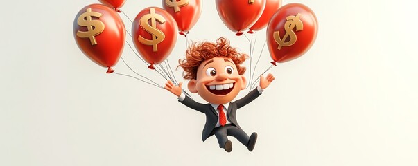 3D illustration of smiling Qadir in business suit, flying with dollar sign balloons, concept of success and wealth, 3D rendering on white background