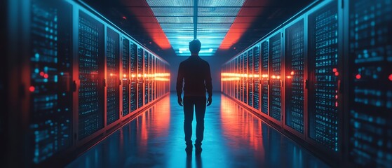 Poster - 3D illustration of Qadir, male figure, utilizing remote servers for big data and cloud computing, recognizing mistakes in large data sets, actionable data concept