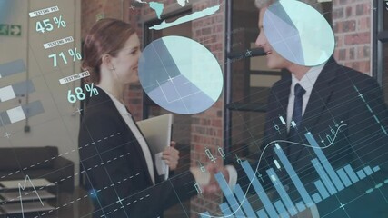 Sticker - Animation of financial data processing over diverse business people shaking hands