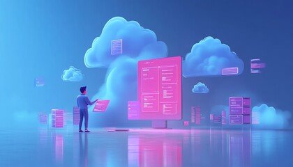 Poster - 3D illustration of male user Qadir accessing cloud storage and uploading files, modern flat design cloud computing concept, data center infrastructure and service