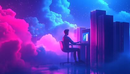 Poster - 3D illustration of male user Qadir accessing cloud storage and uploading files, modern flat design cloud computing concept, data center infrastructure and service