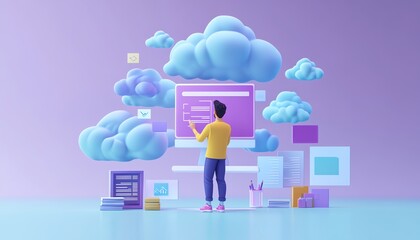 Poster - 3D illustration of male user Qadir accessing cloud storage and uploading files, modern flat design cloud computing concept, data center infrastructure and service