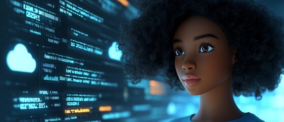 Aufkleber - 3D illustration of Coco, African American woman, with cloud computing server for data storage and processing, blogging, website, and mobile app, modern concept