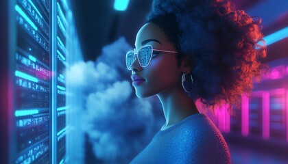 Aufkleber - 3D illustration of Coco, African American woman, with cloud computing server for data storage and processing, blogging, website, and mobile app, modern concept
