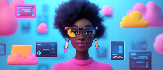 Poster - 3D illustration of Coco, African American woman, with cloud computing server for data storage and processing, blogging, website, and mobile app, modern concept