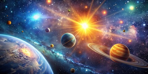 Wall Mural - a stunning depiction of the cosmos with twinkling stars, radiant planets, and a brilliant sun, creat