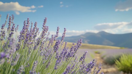 Wall Mural - Generative AI Image of Lush Purple Lavender at Garden Farm with Bright Cloudy Sky Background