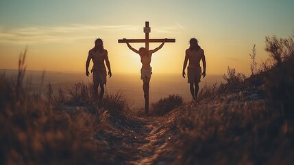 Silhouettes of three men with a cross against a sunset sky.