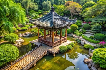 peaceful, Asia style, Asian culture, foliage, relaxation, high angle,idyllic, serene, landscape, An idyllic Asia style garden scene with a pavilion is captured from a high angle