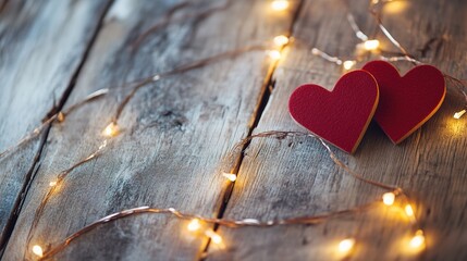 Banner featuring two red hearts on a rustic table with soft lights, set against a wooden background. This Valentine's Day concept creates a warm and romantic atmosphere, 