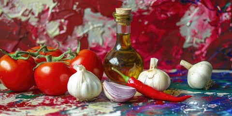 Wall Mural - Close-up of a variety of vegetables on a colorful marble surface, featuring white onion, tomatoes, red onion, garlic, red pepper, and a bottle of olive oil. Dynamic and appealing food photography.