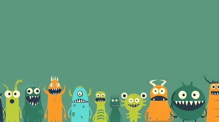 A row of nine friendly cartoon monsters with big teeth and eyes, on a green background.