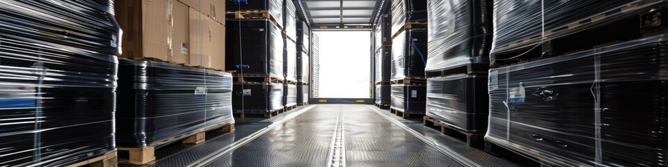 Interior view of an empty semi-truck trailer loaded with boxes covered in black stretch film.