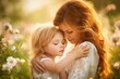 © Mohamad - A mother and child hugging in a sunlit garden, surrounded by blooming flowers